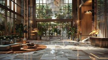 Luxurious and Opulent Hotel Lobby with Stunning Marble Floors, Elegant Chandelier, and Lush Greenery photo