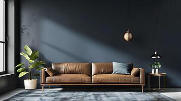 moderno lujo vivo habitación con cuero sofá, cálido iluminación y lozano verdor foto