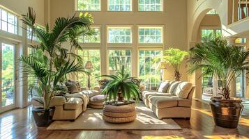 Luxurious Tropical-Inspired Living Room with Lush Botanical Accents and Abundant Natural Light photo