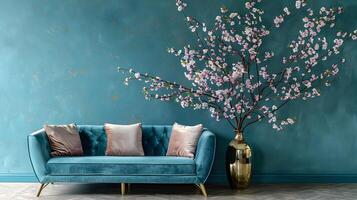 elegante moderno vivo habitación con floreciente floral acento árbol foto