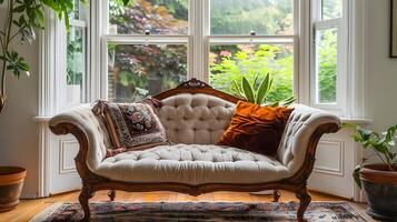 Elegant Traditional Living Room with Tufted Sofa and Lush Greenery Through Window photo