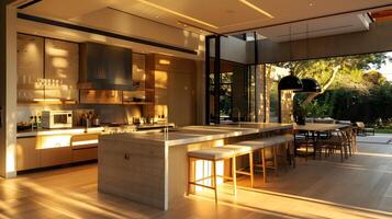 Luxurious and Airy Open-Concept Kitchen with Garden Views and Natural Daylight Illumination photo