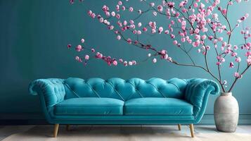 elegante verde azulado copetudo sofá adornado con floreciente Cereza flores en minimalista vivo habitación foto