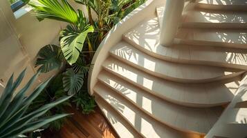 elegante espiral escalera rodeado por lozano tropical follaje en un moderno arquitectónico interior foto