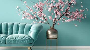 elegante vivo habitación con rosado Cereza florecer flor arreglo en bronce florero en verde terciopelo sofá y pared foto
