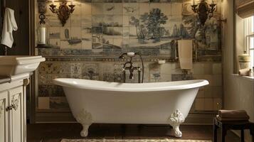 Graceful Victorian-style bathroom with ornate tiled walls,claw-foot bathtub,and antique furnishings set in a cozy,serene interior photo