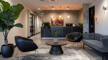 Inviting and Sophisticated Corporate Lobby with Modern Furnishings and Greenery photo