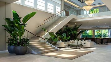 Luxurious and Bright Lobby with Tropical Greenery and Minimalist Interior Design photo