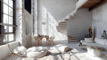 Inviting Minimalist Loft with Captivating Natural Light and Elegant Wooden Furnishings photo