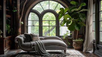 Lush, Elegant Sanctuary Framed by Arched Windows Inviting Contemplation and Retreat photo