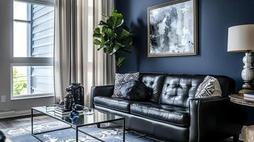 Elegant Modern Living Room with Plush Leather Decor,and Floor-to-Ceiling Windows photo