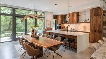 Expansive Open-Concept Kitchen and Dining Room Showcasing Warm Wood Tones and Contemporary Decor Seamlessly Blending Indoor and Outdoor Spaces photo