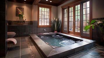 Lavish Wooden Bathroom with Jetstream Jacuzzi Tub in Serene, Nature-Inspired Retreat photo