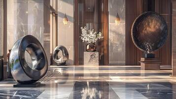 Elegant Marble Lobby with Sculptural Centerpiece and Ornate Lighting photo