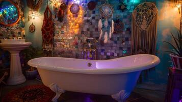encantador estilo bohemio bañera santuario con vibrante mosaico azulejos, atrapasueños y acogedor boho acentos foto