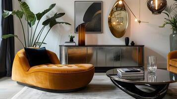 Luxurious and Aesthetically Curated Living Room with Velvet Sofa,Wooden Sideboard,and Decorative Accents photo