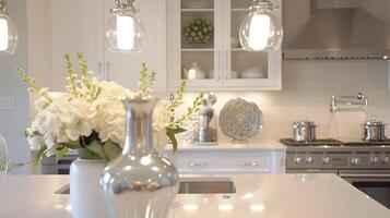 Elegant and Inviting Modern Kitchen with Floral Accents and Serene Ambiance photo