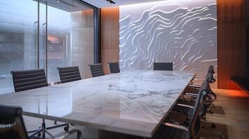 Elegant and sophisticated modern office boardroom with a large marble table, sleek chairs, and minimalist glass and wood design elements, creating a photo