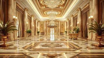 Majestic and Ornate Marble Floored Entrance Hall of a Luxurious Baroque-Style Palace or Mansion with Grandiose Chandelier and Ornamental Columns photo