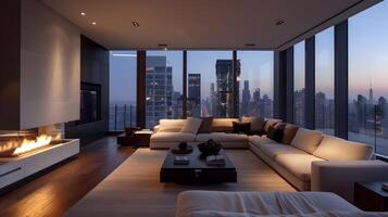 Luxurious Modern Living Room with Breathtaking City Skyline View in Upscale Residential Apartment photo