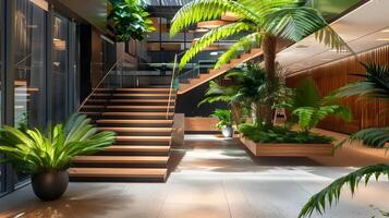 Luxurious Tropical Hotel Lobby with Lush Greenery and Wooden Stairs photo