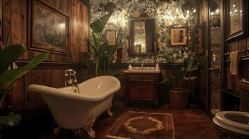 Luxurious Vintage-Inspired Bathroom with Ornate Decor and Clawfoot Tub in Cozy,Moody Ambiance photo