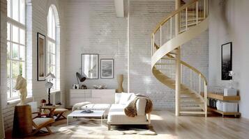 Elegant and Inviting Loft-Style Living Room with Spiral Staircase and Abundant Natural Light photo