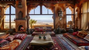 Luxurious Moroccan-Inspired Living Room with Breathtaking Desert Landscape View photo