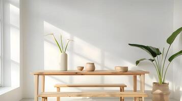 Minimalist Scandinavian-style Dining Table Scene with Wooden Furniture and Potted Plants in Bright, Airy Home Interior photo