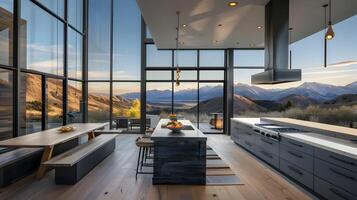 lujoso vista desde la montaña cocina en un contemporáneo, minimalista hogar diseño con panorámico vaso ventanas foto