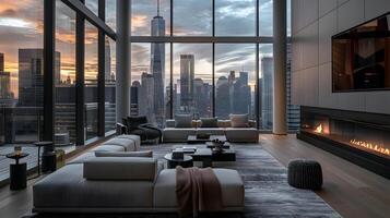 Luxurious Penthouse Apartment with Breathtaking City Skyline View at Sunset in Elegant Modern Interior Design photo