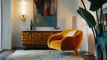 lujoso y atractivo inspirado en mediados de siglo vivo habitación con vibrante mobiliario y acentos foto