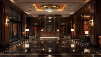 Luxurious and Opulent Hotel Lobby with Ornate Architecture and Elegant Decor Reflecting in the Marble Floor photo