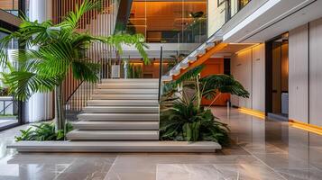 Elegant and Modern Corporate Lobby with Lush Greenery and Sleek Design Elements photo