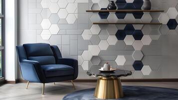 Elegant and Harmonious Modern Minimalist Living Room with Geometric Tile Wall and Luxurious Brass Accents photo