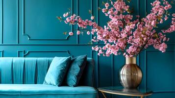 Cozy Living Room with Vibrant Floral Arrangement and Plush Teal Sofa photo