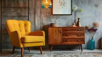 Cozy Retro-Inspired Living Room with Wooden Furniture and Decorative Accents photo