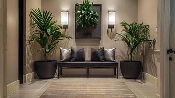 Elegant and Inviting Modern Interior with Lush Tropical Greenery in Entryway or Lobby photo