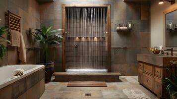 lujoso y tipo spa Maestro baño con natural elementos y amplio Encendiendo para un sereno retirada foto