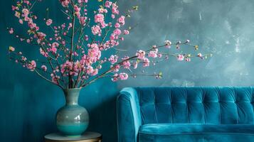 Cozy Tufted Velvet Sofa Adorned with Vibrant Flowering Branches in Elegant Home Interior photo