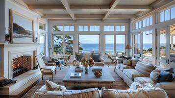 Luxurious Coastal Living Room with Breathtaking Ocean View and Cozy Fireplace photo