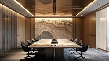 Elegant and Contemporary Boardroom with Textured Wooden Walls and Minimalist Furnishings for High-Level Corporate Meetings and Presentations photo