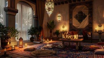 Luxurious and Ornate Middle Eastern-Inspired Interior with Intricate Decor and Warm Lighting photo