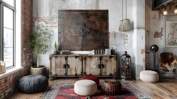 Cozy and Stylish Industrial Loft Decor with Vintage Furnishings and Rustic Accents photo