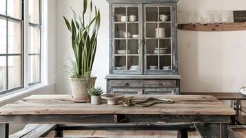 Cozy and Rustic Wooden Kitchen Table in Bright Airy Home Interior with Vintage Display Cabinet photo