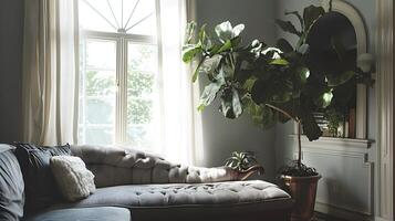 Cozy and Inviting Interior Design of a Comfortable Living Room with Lush Greenery and Elegant Decor photo