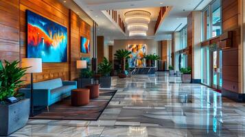 Luxurious and Visually Captivating Hotel Lobby Showcasing Cutting-Edge Design, Elegant Furnishings, and a Welcoming Atmosphere photo