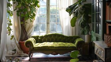 Cozy and Inviting Vintage-Inspired Living Room with Lush Greenery and Warm Natural Lighting photo