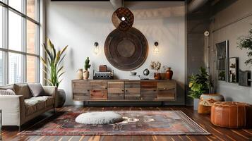 Cozy and Rustic Loft Living Room with Eclectic Decor and Unique Furnishings photo