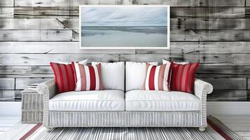 Cozy and Inviting Rustic Living Room with Striped Sofa and Artwork photo